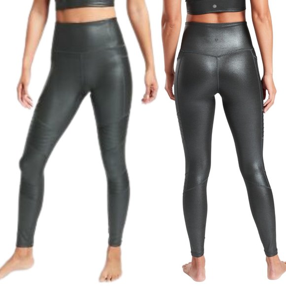 Athleta Pants - ATHLETA High Rise Inclination Shimmer Moto Tight Powervita Black Shimmer Large
